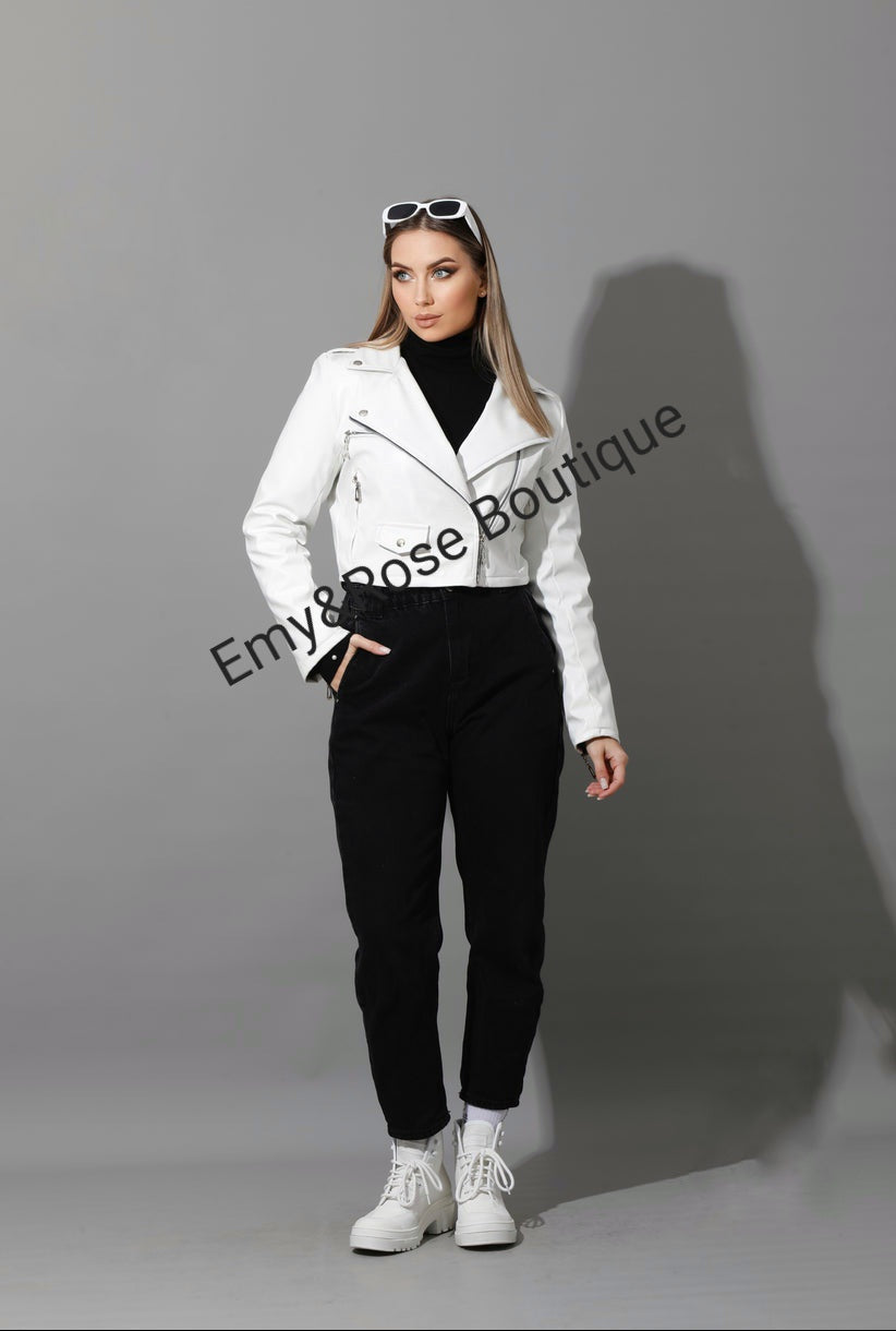 Leather Biker Jacket - White - EMY & ROSE Boutique