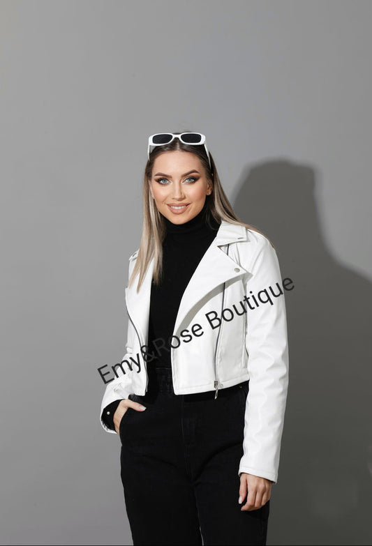 Leather Biker Jacket - White - EMY & ROSE Boutique